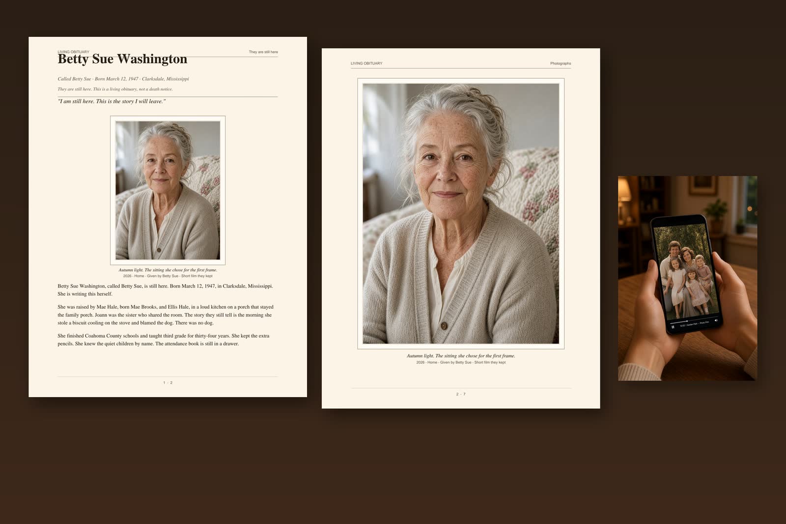The printed living obituary beside the collage on a phone